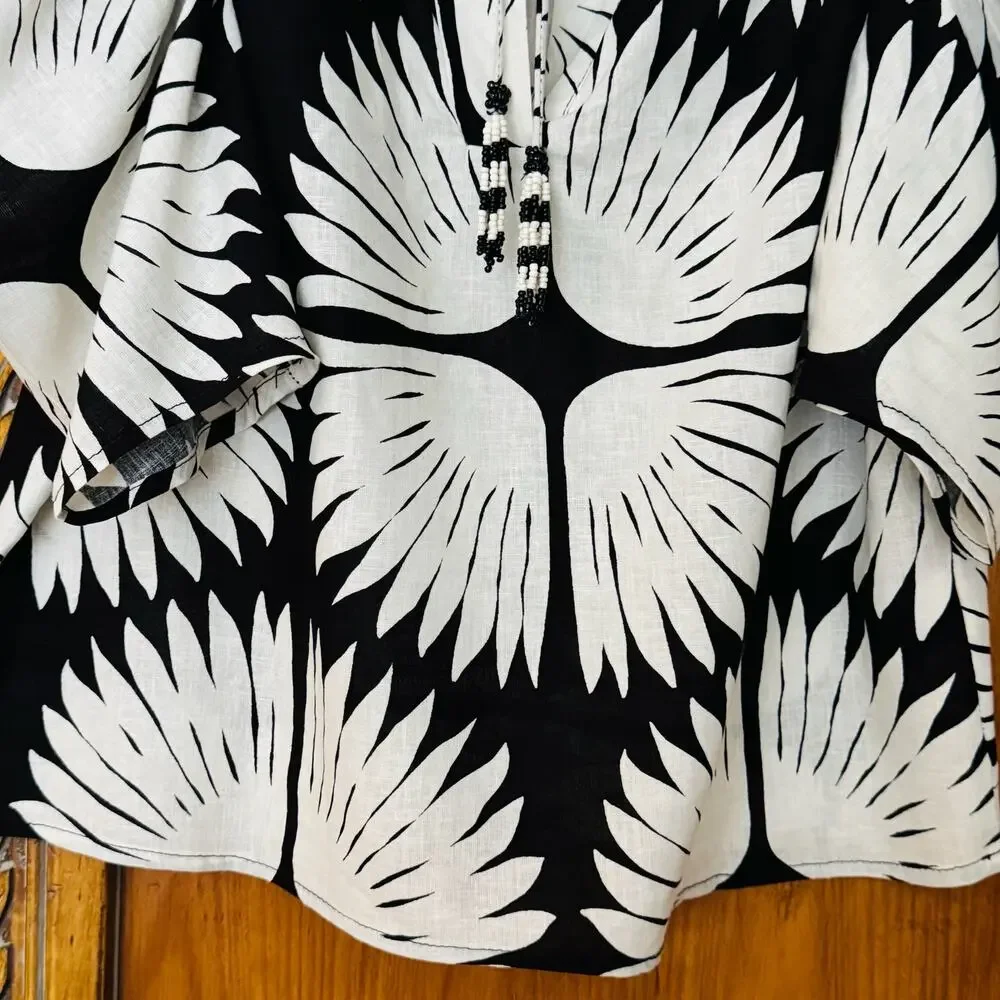 Rachel Zoe Black White Linen Blend Puff Sleeve Boho Blouse Top Womens Sz XS NWOT